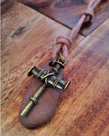 bronze cross of nails with natural stone on justified cotton cord | neckwear