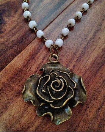 dimpled ivory glass & leather bronze chain mix with rose pendant