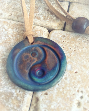 cashew suede cord with raku pottery yin yang pendant
