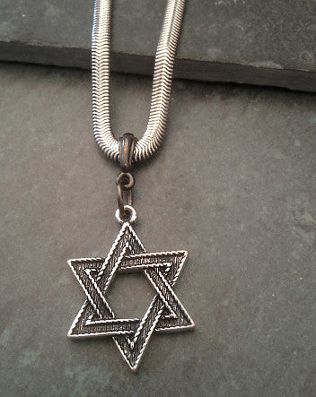 antique pewter jewish star on wide stainless steel chain | neckwear