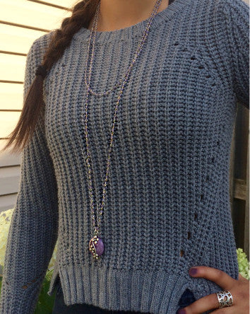 long glass beaded silver chain with matte silver & violet jade pendant