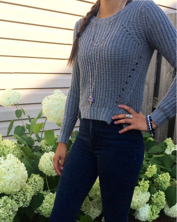 long glass beaded silver chain with matte silver & violet jade pendant