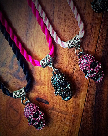 crystal studded skull on silk twist cord in 5 asst. color combos