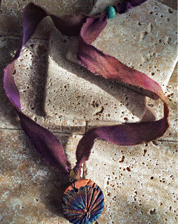 cotton sari strips with raku pottery flower imprint-feature2