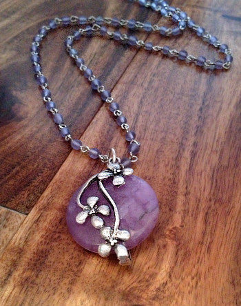 long glass beaded silver chain with matte silver & violet jade pendant