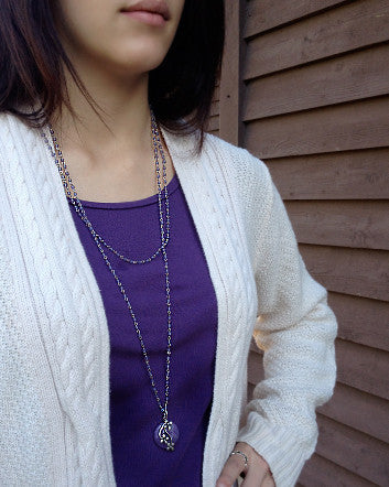 long glass beaded silver chain with matte silver & violet jade pendant