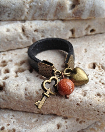narrow leather and bronze heart & key ring