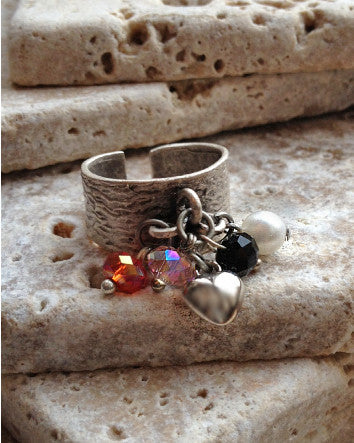 matte silver ring with bark texture and crystal dangles | fashion accessories