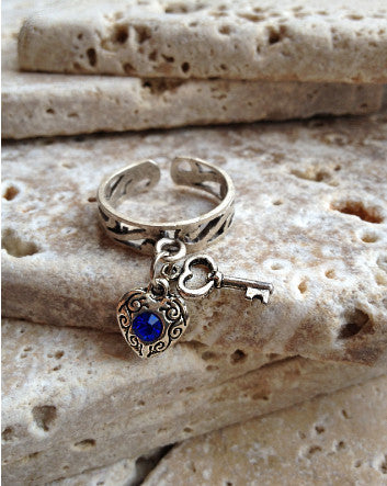 matte silver open scroll ring with birthstone heart & key dangles—6 colors
