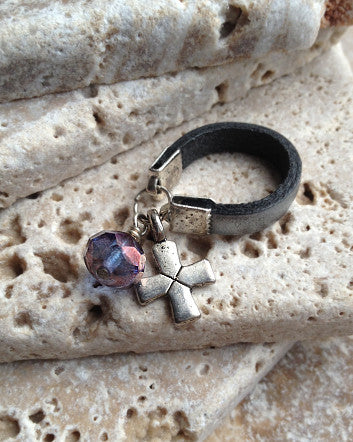 narrow leather and pewter cross ring