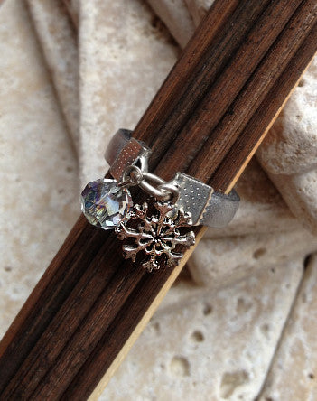 narrow leather and frozen ice crystal & snowflake ring