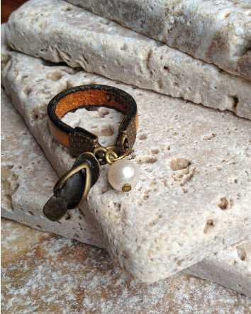 narrow leather and bronze flip flop ring