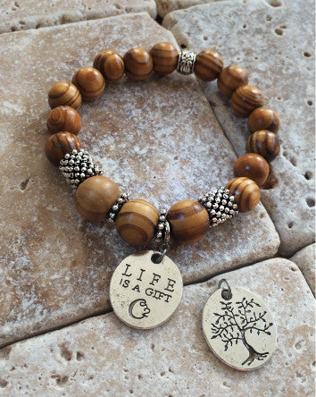 10mm quaryd bracelet with tru.gigs: burled bolivian rosewood with "life is a gift" charm