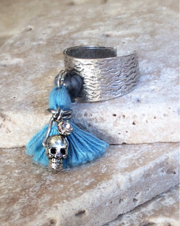 matte silver ring with skull & tassel in 6 colors | feature