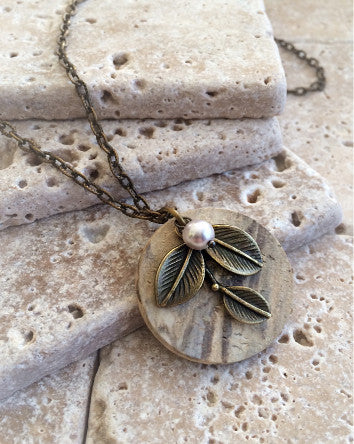 cream & bronze mineral streak stone pendant w/ bronze leaf & pearl drop