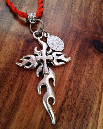 pewter cross combustion on radical red twist cord