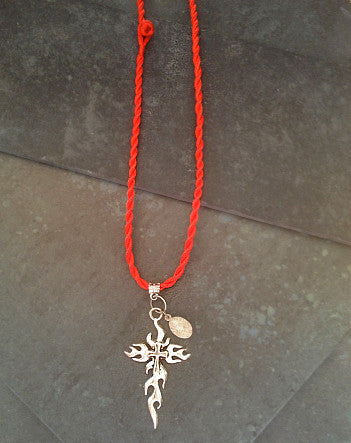 pewter cross combustion on radical red twist cord