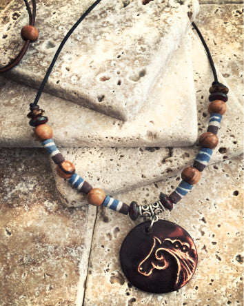 ground glass tubes, wood & ceramic beads w/ free spirit pendant