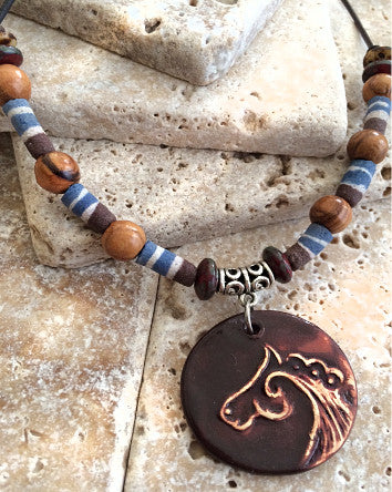 ground glass tubes, wood & ceramic beads w/ free spirit pendant-feature