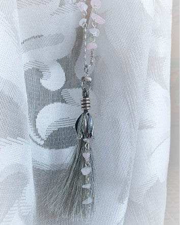 genuine grey horse hair tassel & rose quartz beaded chain-feature