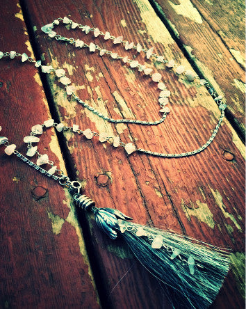 genuine grey horse hair tassel & rose quartz beaded chain-feature