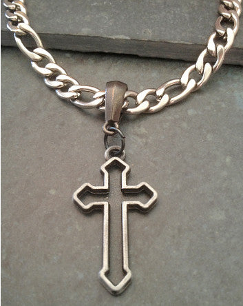 iron oxide open cross on thick heavy stainless steel chain