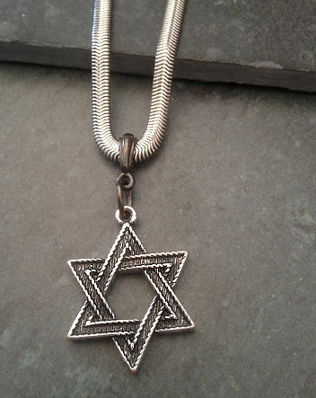 antique pewter jewish star on wide stainless steel chain—feature | neckwear