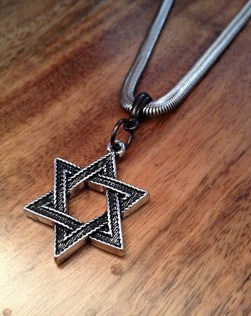 antique pewter jewish star on wide stainless steel chain—feature | neckwear