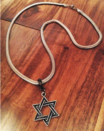 antique pewter jewish star on wide stainless steel chain—feature | neckwear