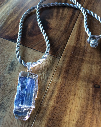 kyanite pendant on soft dove grey twist cord