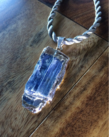 kyanite pendant on soft dove grey twist cord