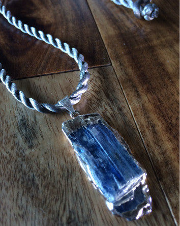 kyanite pendant on soft dove grey twist cord