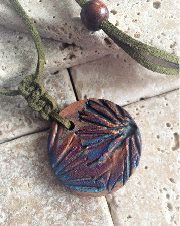 olive suede cord with raku pottery floral imprint pendant