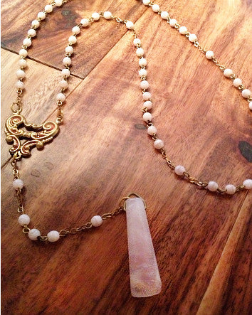 pale pink moonstone vintage gold beaded chain with rose quartz pendant