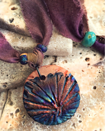 cotton sari strips with raku pottery flower imprint