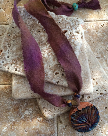 cotton sari strips with raku pottery flower imprint