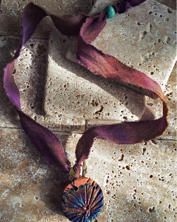 cotton sari strips with raku pottery flower imprint