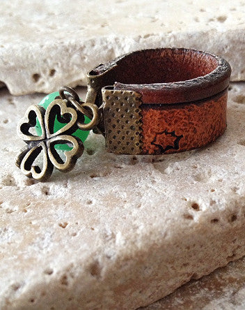 wide leather and lucky clover ring