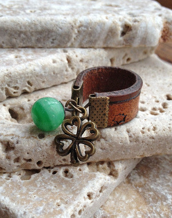 wide leather and lucky clover ring