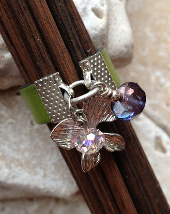 wide leather and silver-plated orchid ring