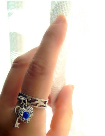 matte silver open scroll ring with birthstone heart & key dangles—6 colors