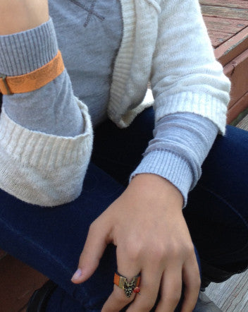 wide leather and pinecone ring