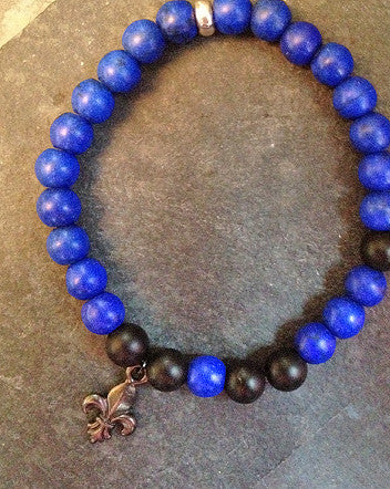 quaryd 8mm wristwear—with tru.gigs: matte black onyx & cobalt howlite with fleur de lys