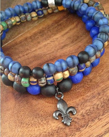 quaryd 8mm wristwear—with tru.gigs: matte black onyx & cobalt howlite with fleur de lys