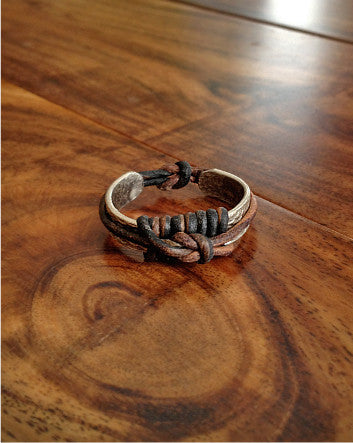 quaryd metal ring—textured & distressed matte silver with vintage brown leather wrap