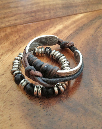 quaryd metal ring—textured & distressed matte silver with vintage brown leather wrap