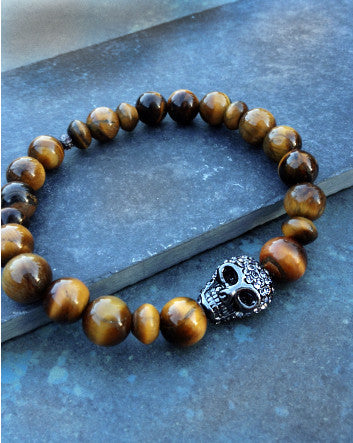 10mm quaryd bracelet with tru.gigs: tiger-eye with hematite rhinestone studded skull