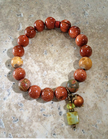 10mm quaryd bracelet with tru.gigs: goldstone & jasper with sienna & olive dangles-feature