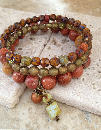 10mm quaryd bracelet with tru.gigs: goldstone & jasper with sienna & olive dangles-feature