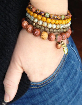 10mm quaryd bracelet with tru.gigs: goldstone & jasper with sienna & olive dangles-feature